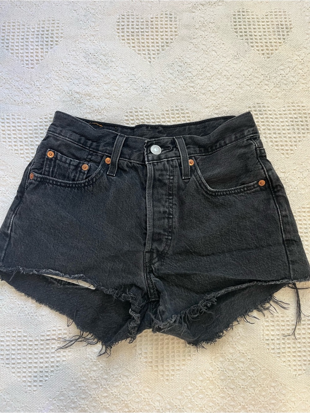 Levi's Black High-Rise Frayed Denim Shorts